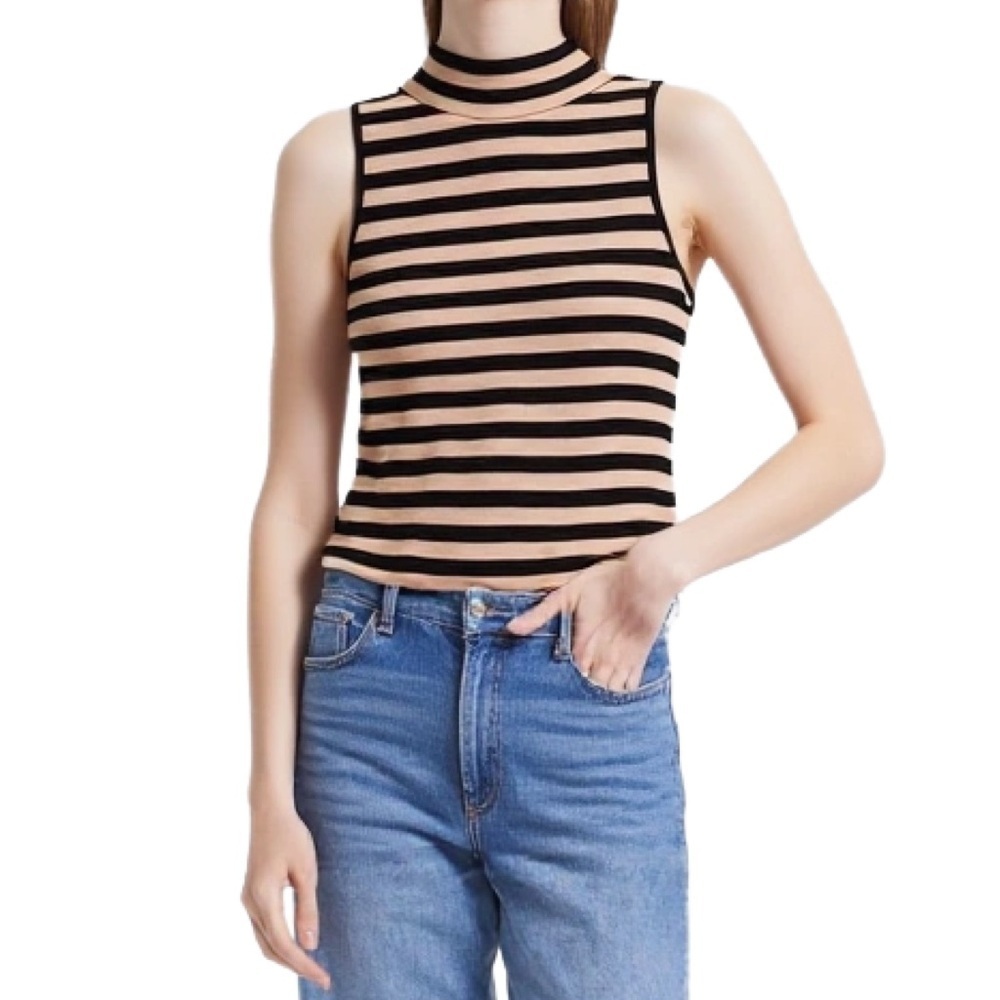 CATHERINE MALANDRINO Striped Preppy Mock Turtleneck in Tan & Black Size S
